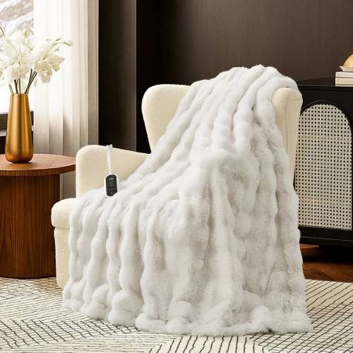 Cream White Bubble Faux Fur Electric Blanket