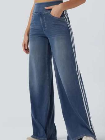 Dressin Flowy Casual High Waisted Stripe Wide Leg Washed Jeans
