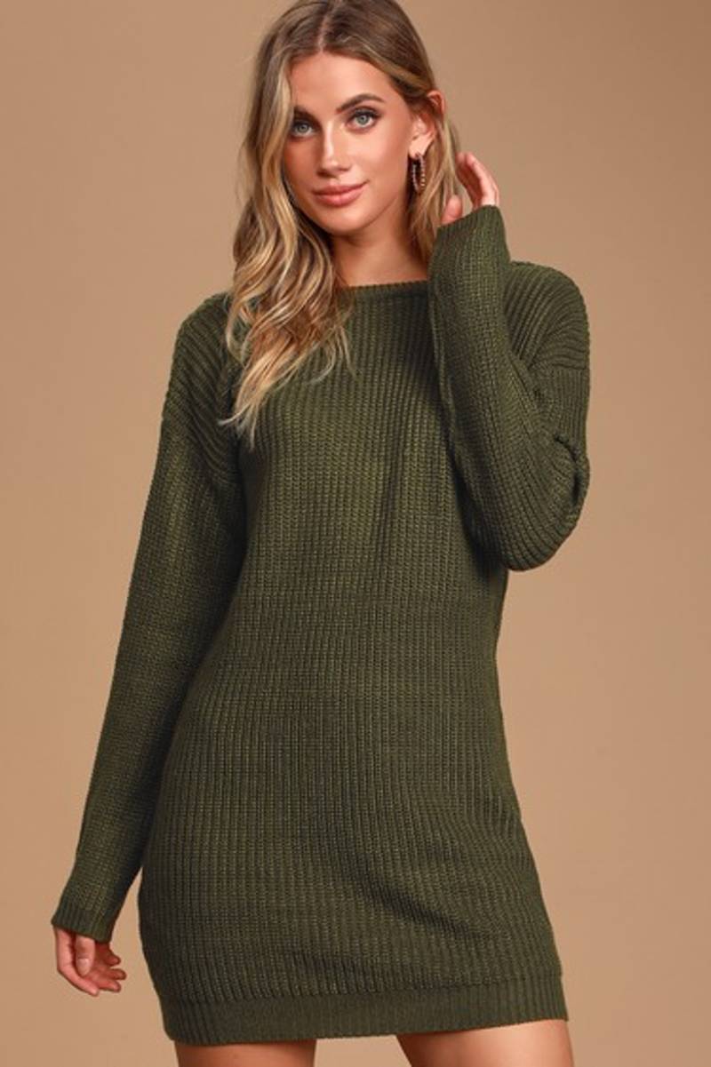 Olive Green Backless Sweater Dress