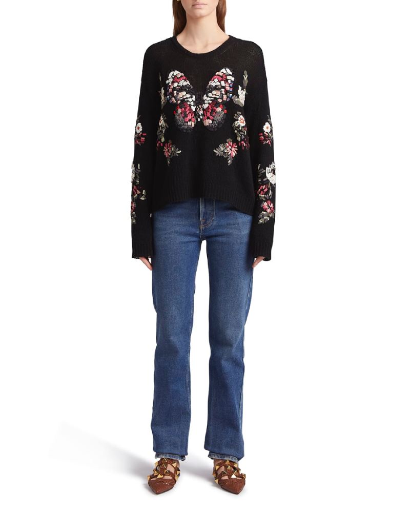 Butterfly-Embroidered Wool Sweater