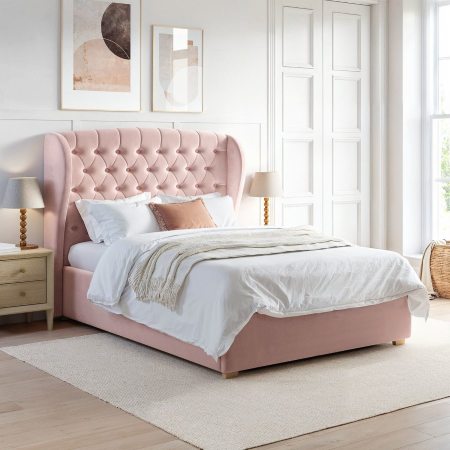 Furniture123 Pink Velvet Double Ottoman Bed