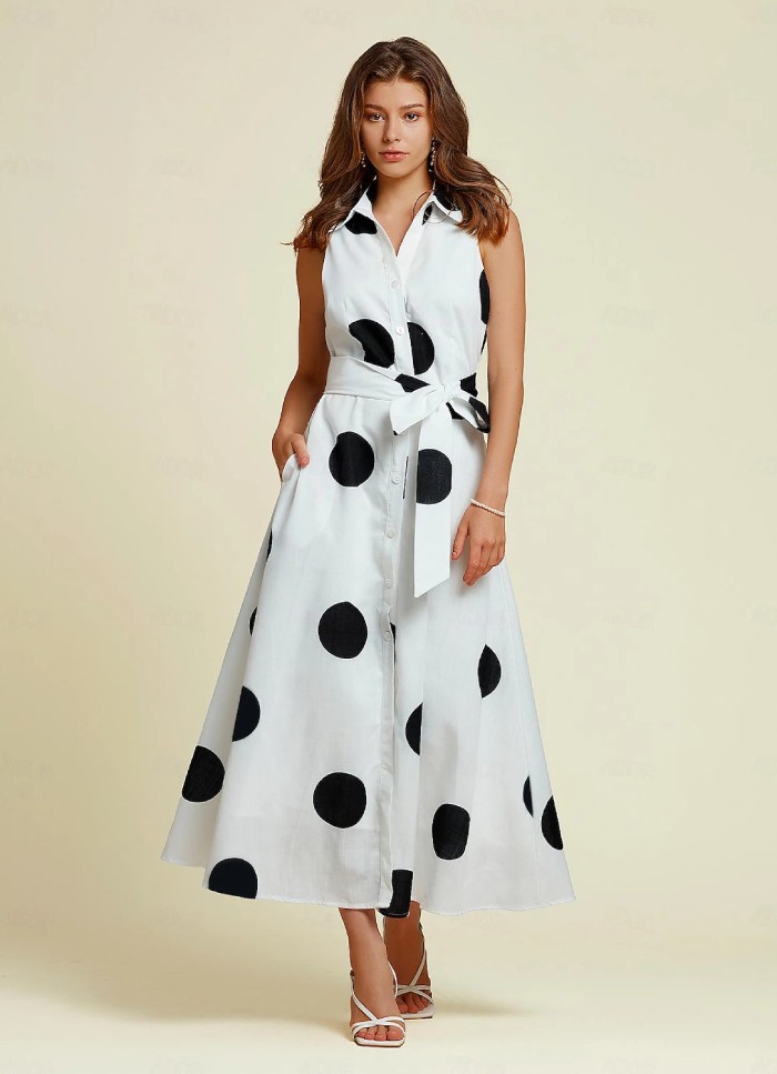 Ador Polka Dot Sleeveless Tie Belt Maxi Dress