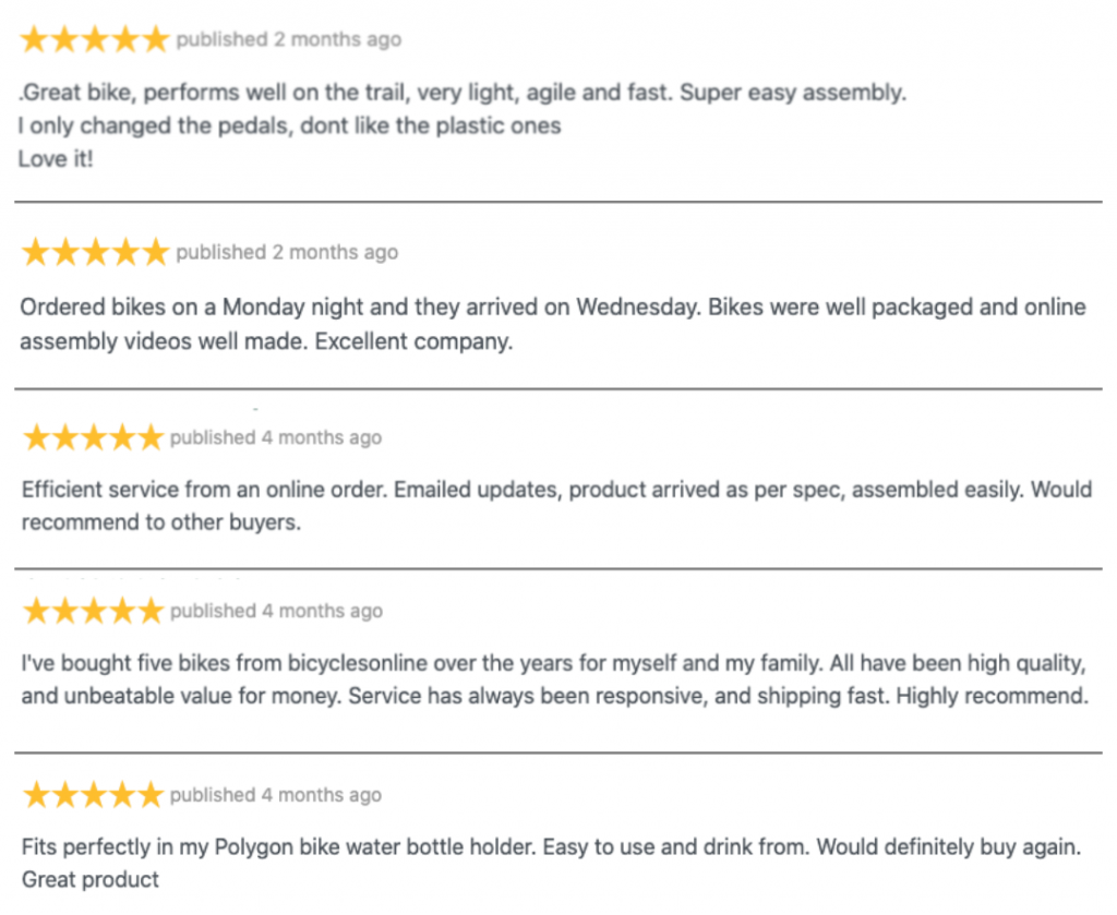 Bicycles Online Customer Reviews